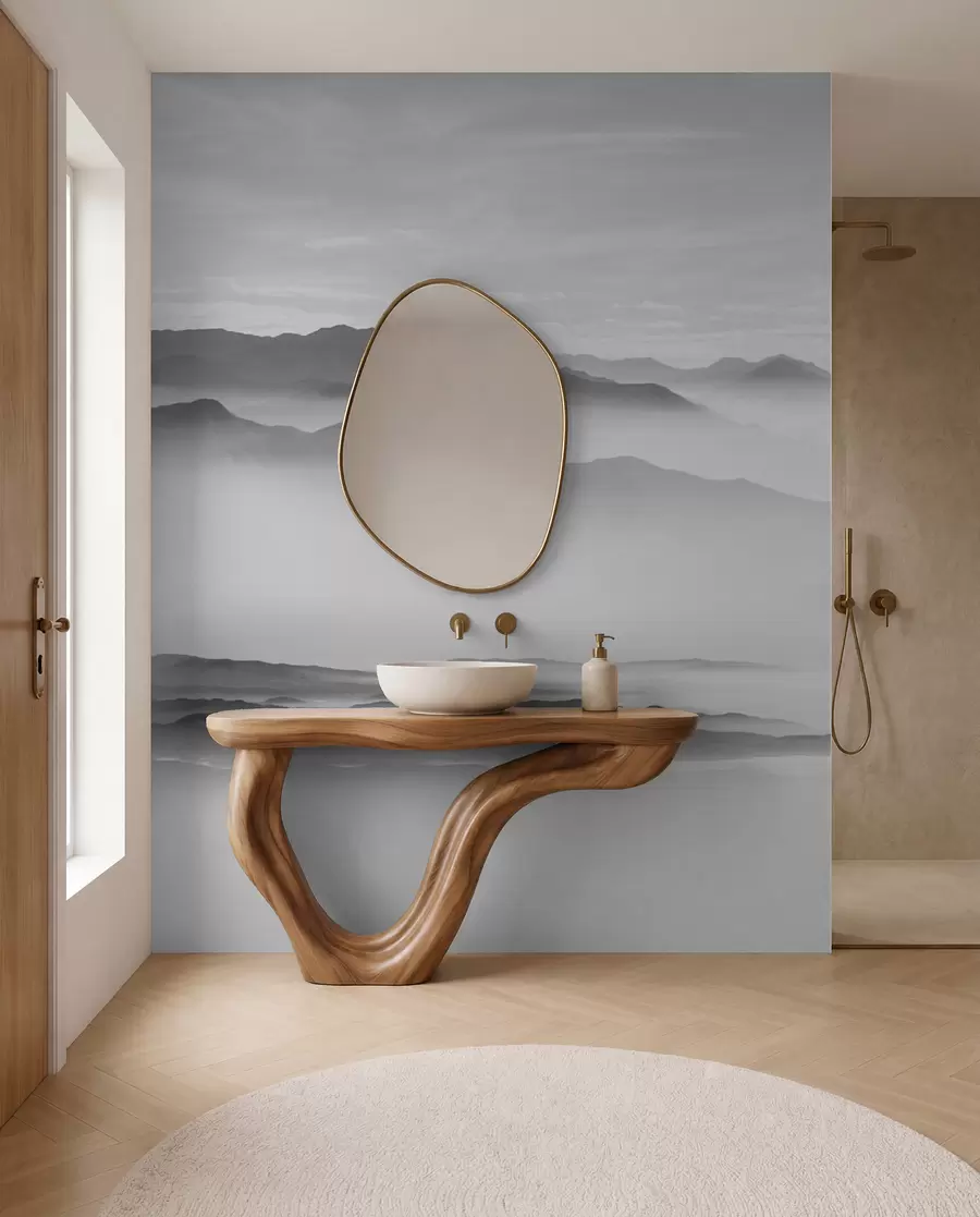 Fototapet Vy över de grå bergen i dimman minimalism monokrom u96922