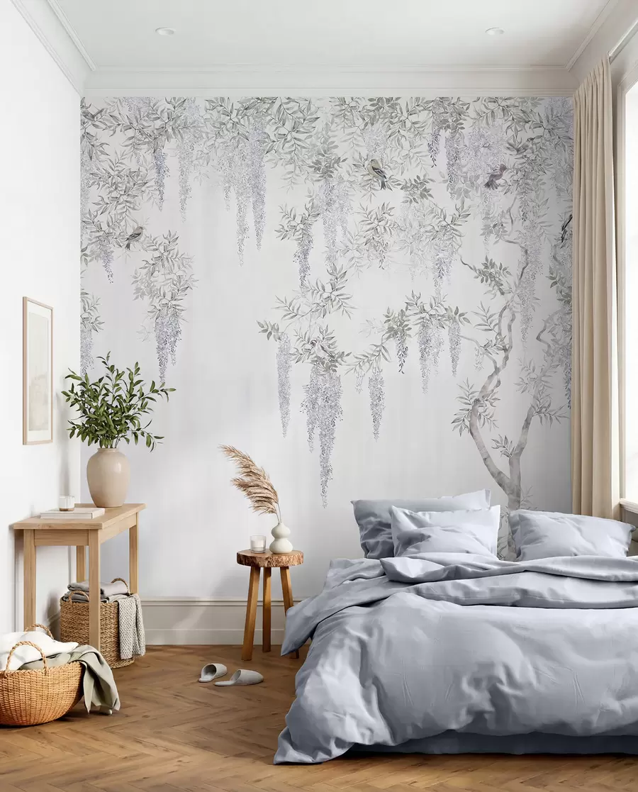 Fototapet Blommor av blåregn, blåregn, minimalism, monokrom, loft och japansk stil u96928
