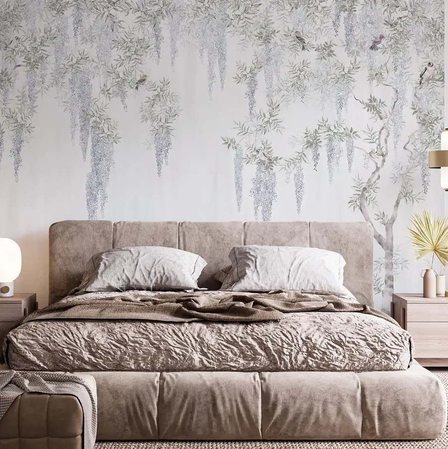 Fototapet Blommor av blåregn, blåregn, minimalism, monokrom, loft och japansk stil u96928