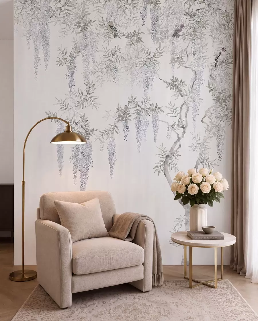 Fototapet Blommor av blåregn, blåregn, minimalism, monokrom, loft och japansk stil u96928