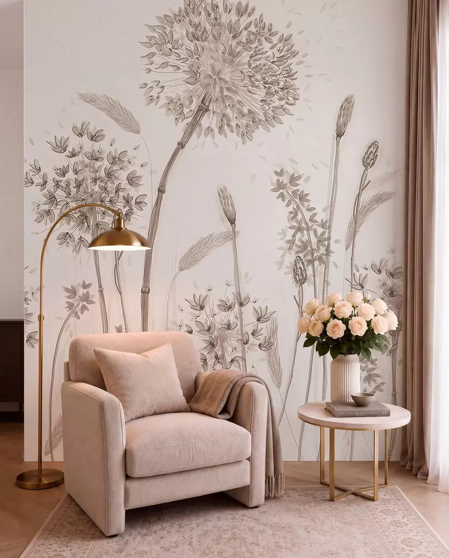 Fototapet Stora ängsblommor av maskrosor monokrom stil loft minimalism u96934