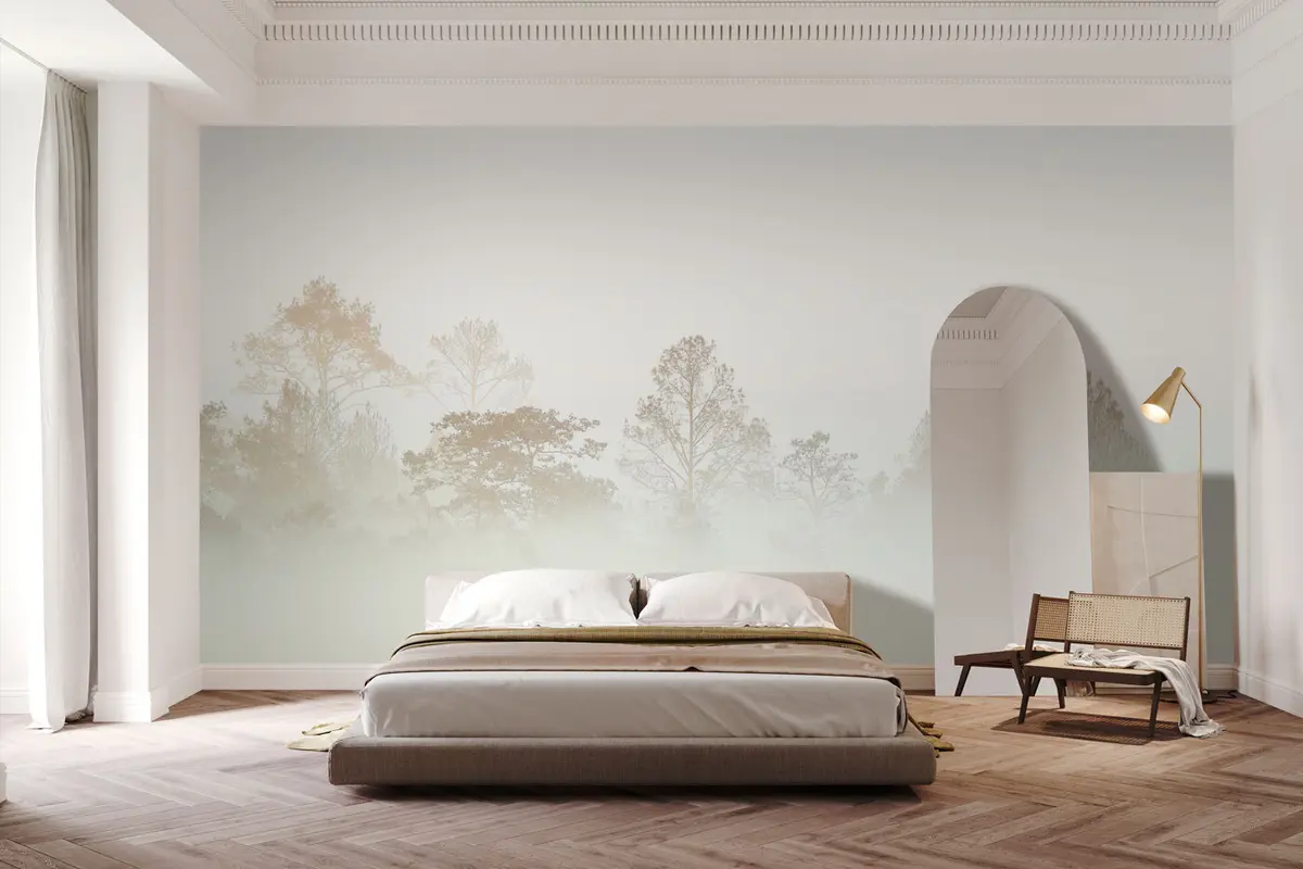 Fototapet Siluett av en lund av träd i den tjocka vita morgondimman u97405