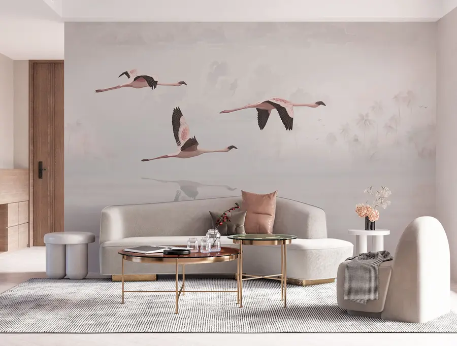 Fototapet Rosa flamingos ovanför den tropiska djungelstranden och havet u97457