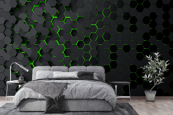Fototapet Svarta hexagoner och grönt sken, Fototapet abstrakt, u93618v1 : Uwalls.se