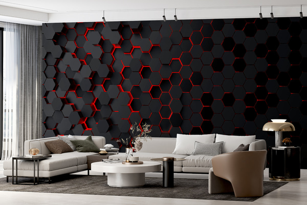 Fototapet Svarta hexagoner och rött sken, Fototapet abstrakt, u93618v2 : Uwalls.se