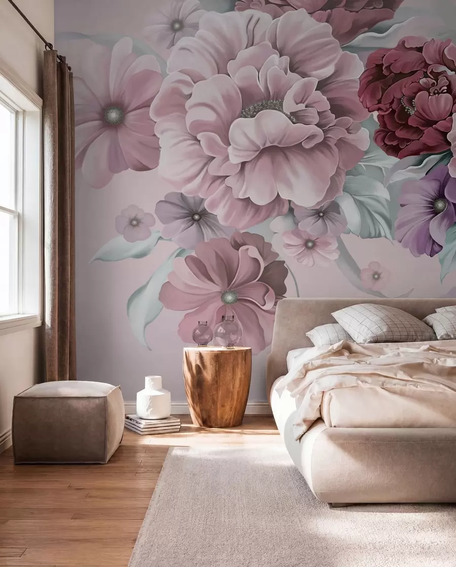 Fototapet Delikata blå blommor i rosa färger u59900v1