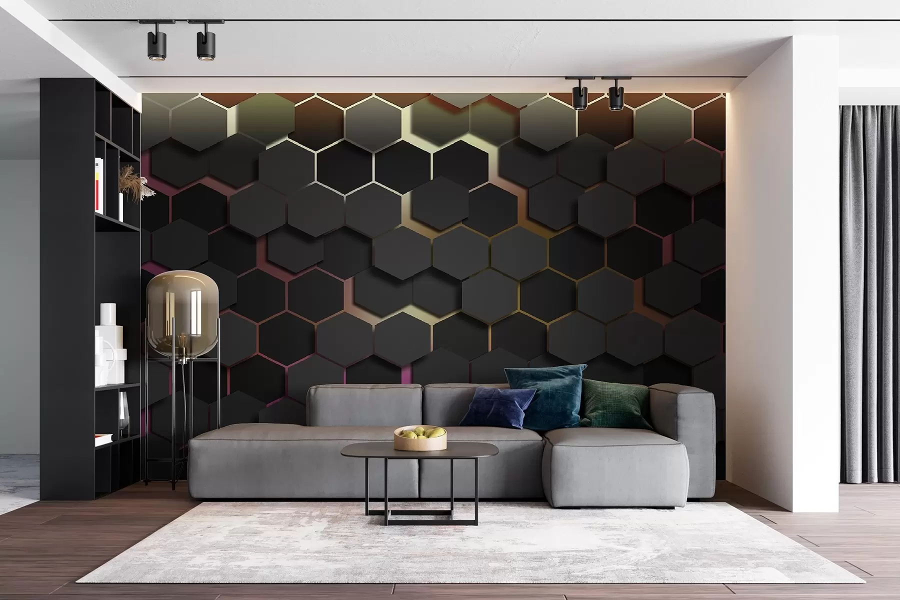 Fototapet Svarta hexagoner med 3d-effekt i färgerna svart och rosa u79935v3