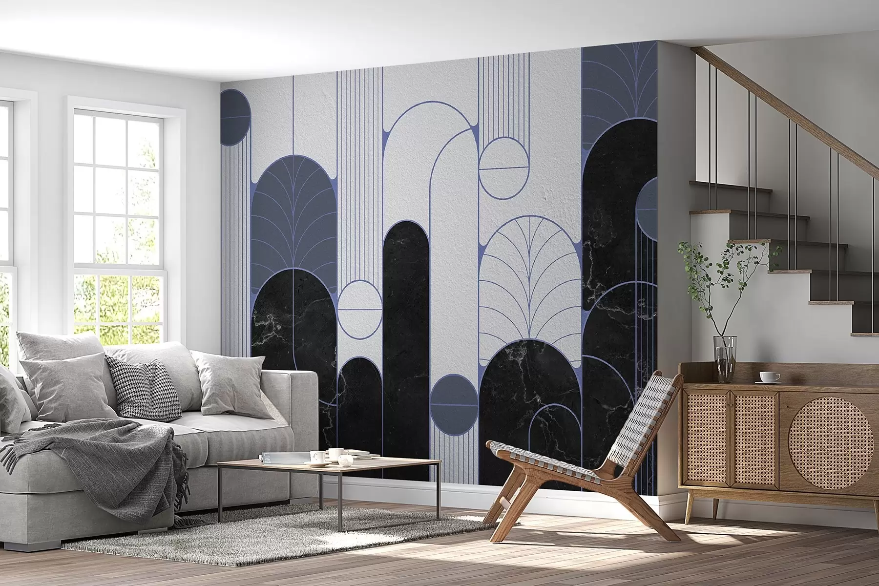 Fototapet Bågar i Art Deco-stil i blå färger u73101v1