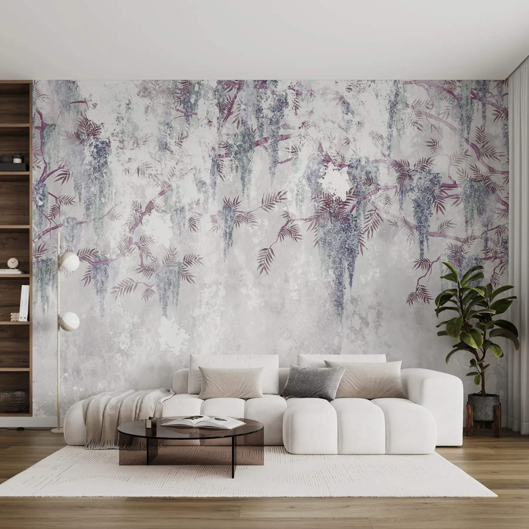 Fototapet Hängande trendiga grunge-grenar med lila blommor i blå färger u73816v2