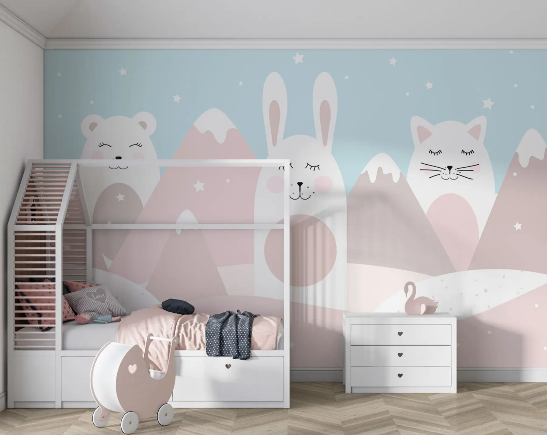 Fototapet Kanin, björn, räv mot bakgrund av beige snötäckta berg u98135