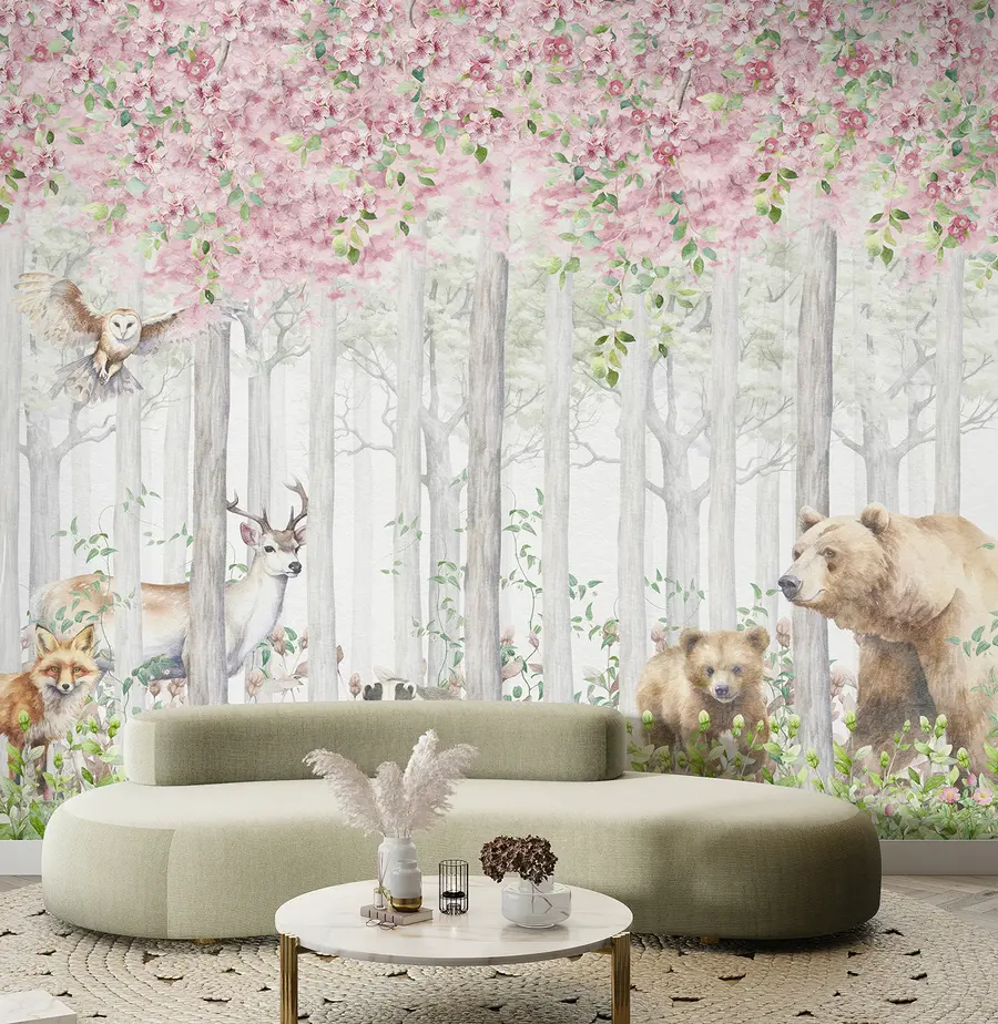 Fototapet Blommande skog med djur u97614
