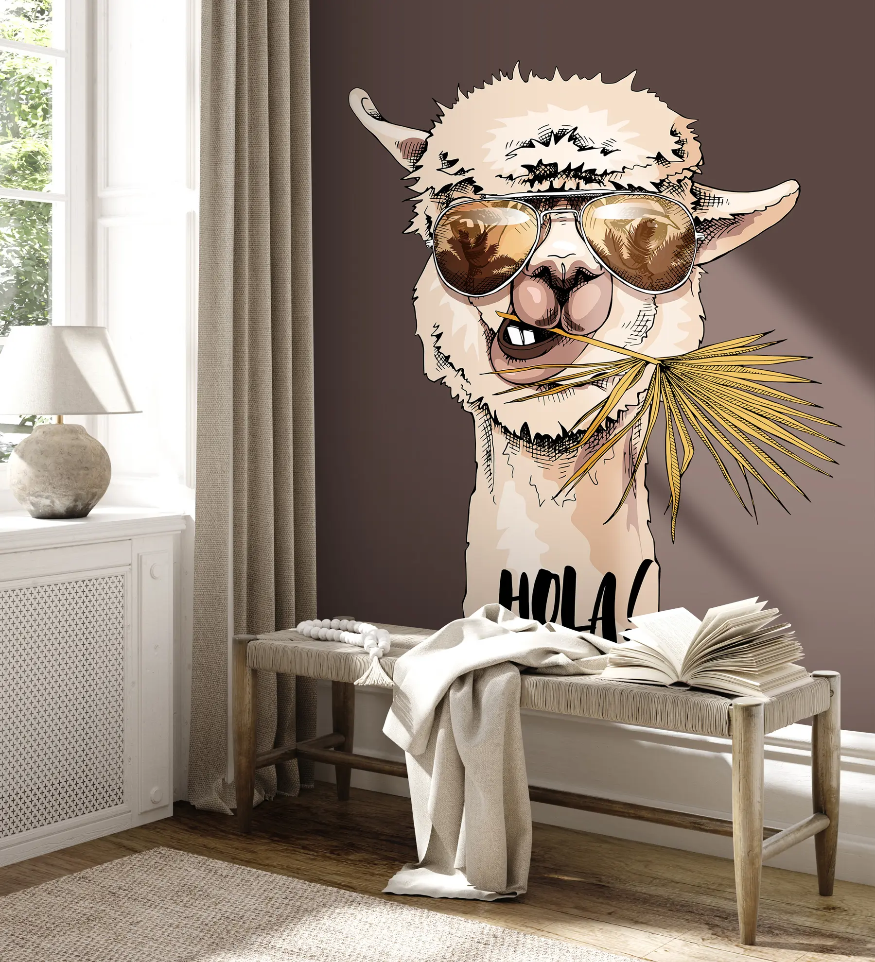 Fototapet Porträtt av en lama med solglasögon och ett palmblad som solfjäder u98177