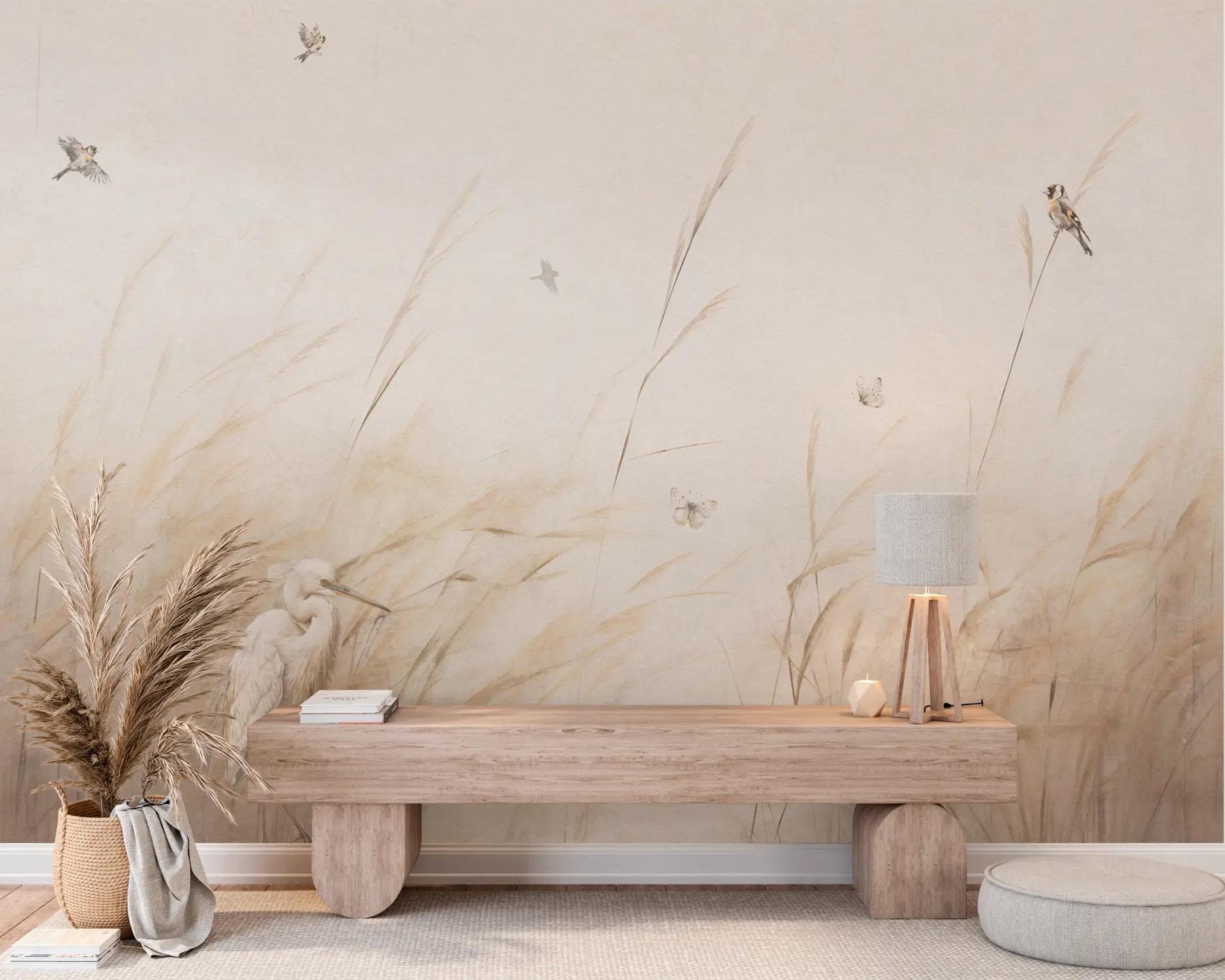 Fototapet Fåglar på sjön bland torkade blommor, växter och gräs u98439