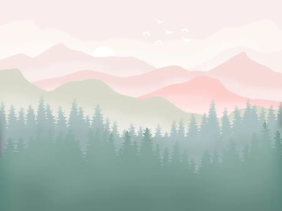 Fototapet Dimmiga berg med tallskog, mjuka naturfärger, rosa och grönt u98774