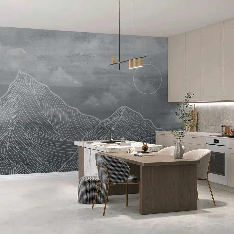 Fototapet Grunge-textur med moln och berg, grå färg, naturtema Konst u98838v1