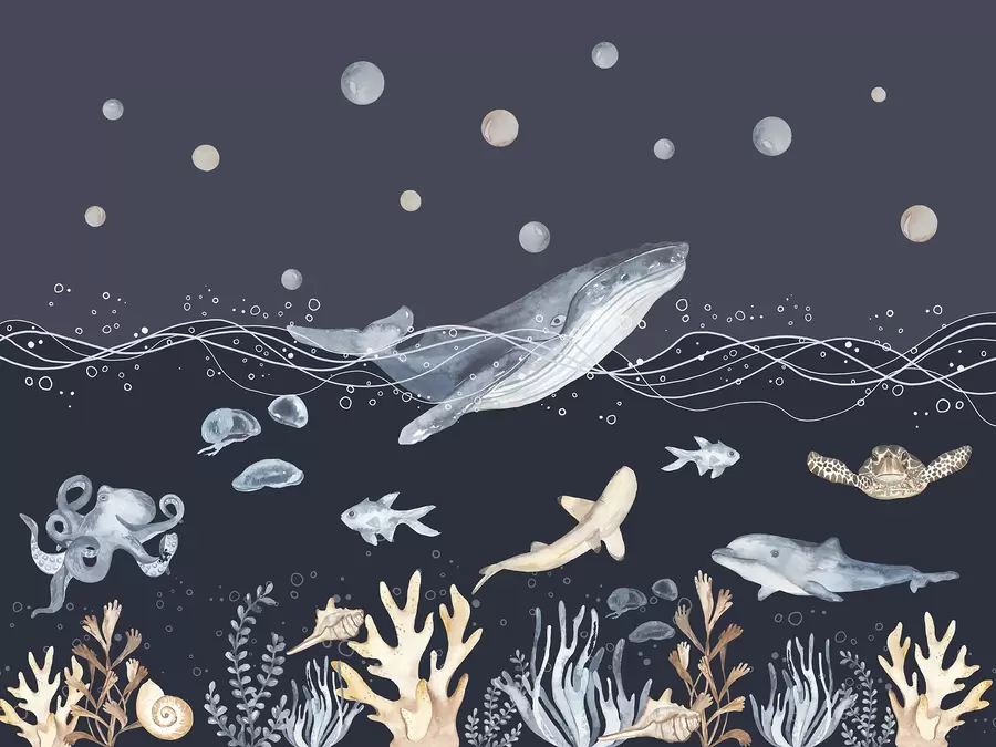 Fototapet Undervattensliv, val, delfin, koraller, havsdjur, beige och blå u98902v1