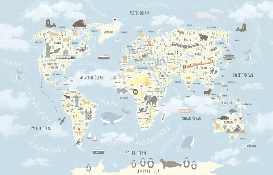 Fototapet Barnens världskarta med djur och landmärken u96587