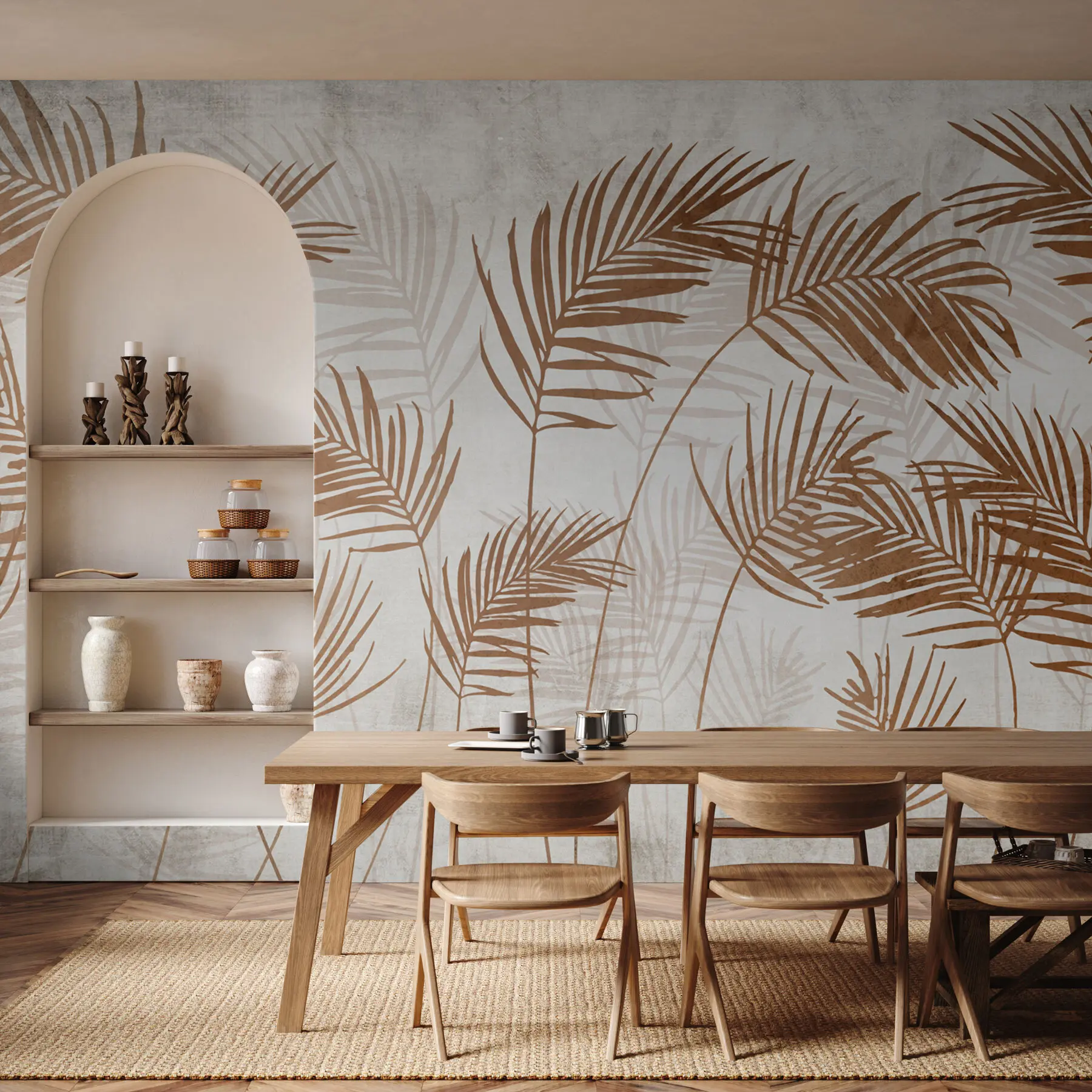 Fototapet Tapetdesign med tropiska träd och löv i dimmig skog u98974