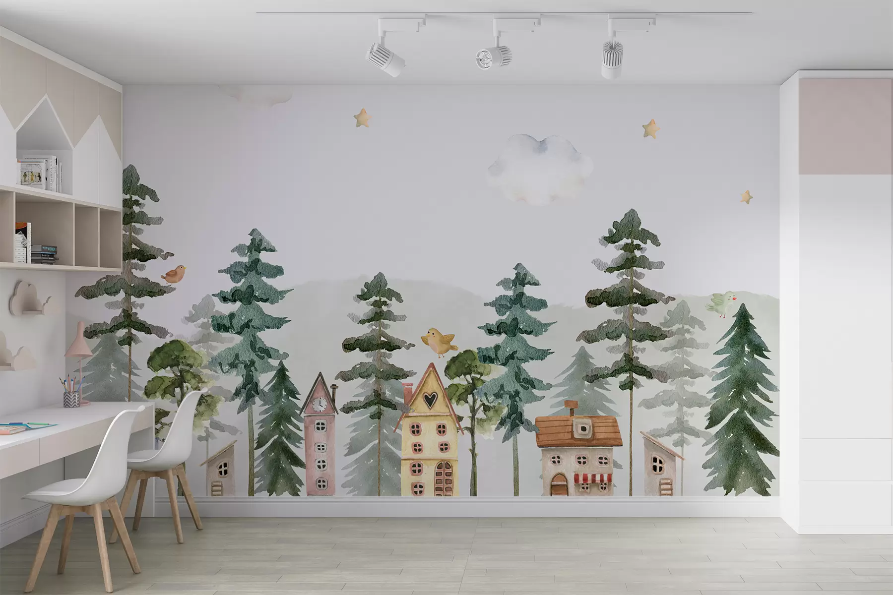 Fototapet Tallskog med fåglar och söta hus, gröna och beige färger u98989