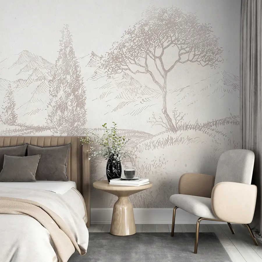 Fototapet Toscana landskap, träd, fält, minimalism, naturliga beige färger u99570