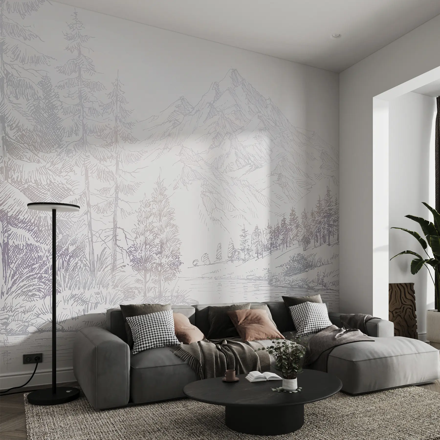 Fototapet Alpint bergslandskap, minimalism, lila färger u99569v1